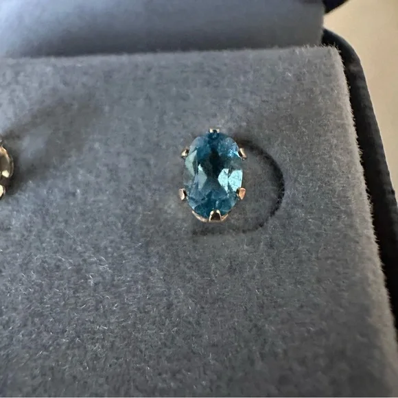 14k Solid Gold Blue Topaz Oval Post Earrings - Picture 12 of 13